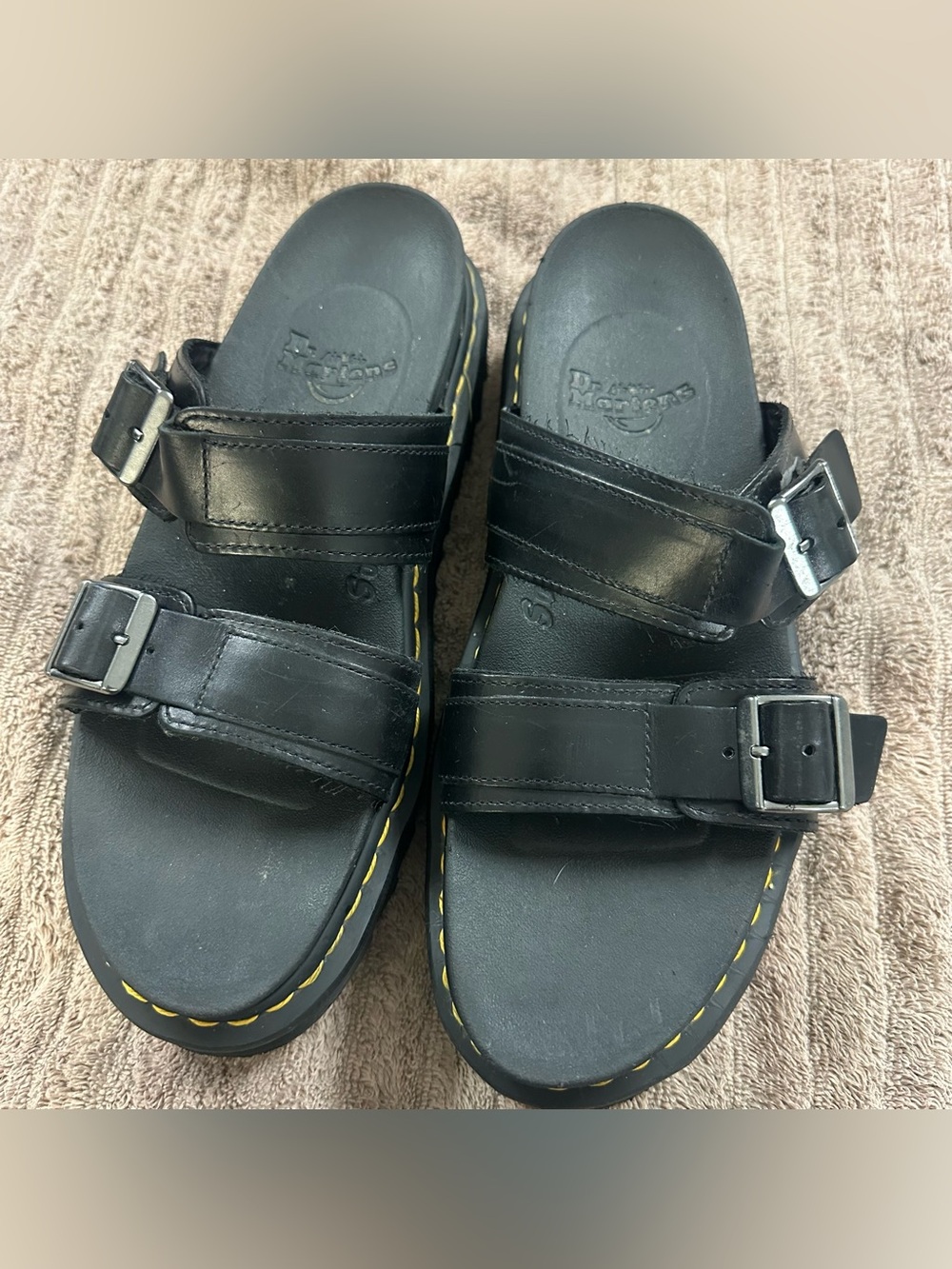 Dr. Martens Black Leather Double-Buckle Slide Sandals with Yellow Stitching